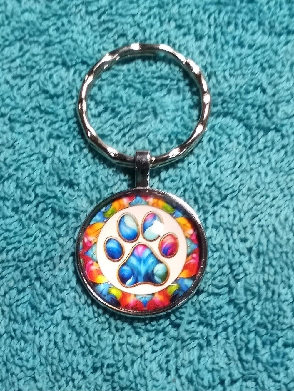 Colorful Paw Print Pet Keychain - Blue Accent
